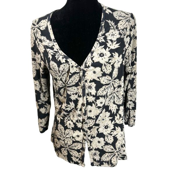 J. Jill Stretch Black Floral Button Down Blouse Women's Size Medium - Picture 1 of 6